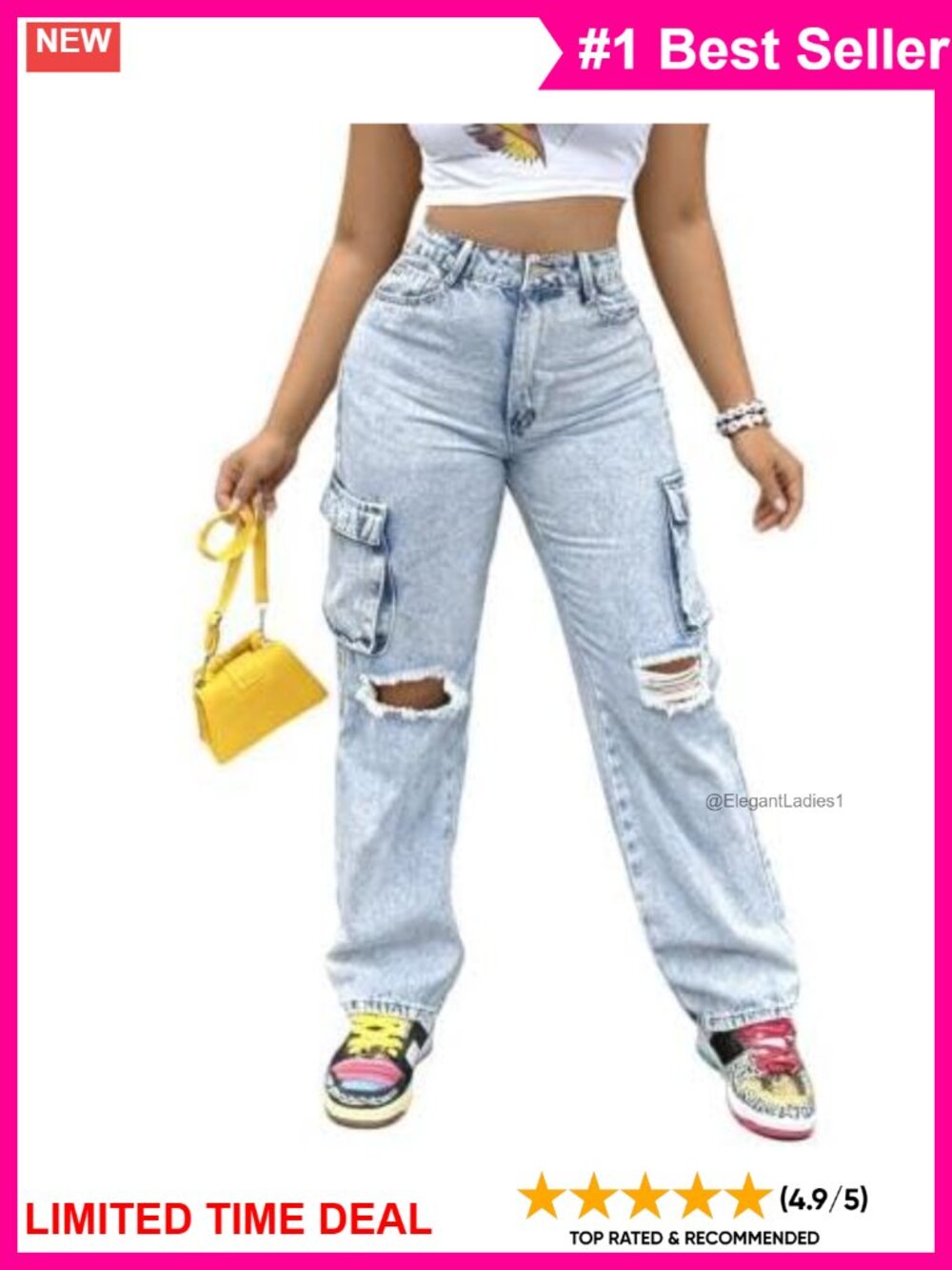 Women's Wide Leg High Waist Ripped Cargo Jeans Denim Baggy Streetwear